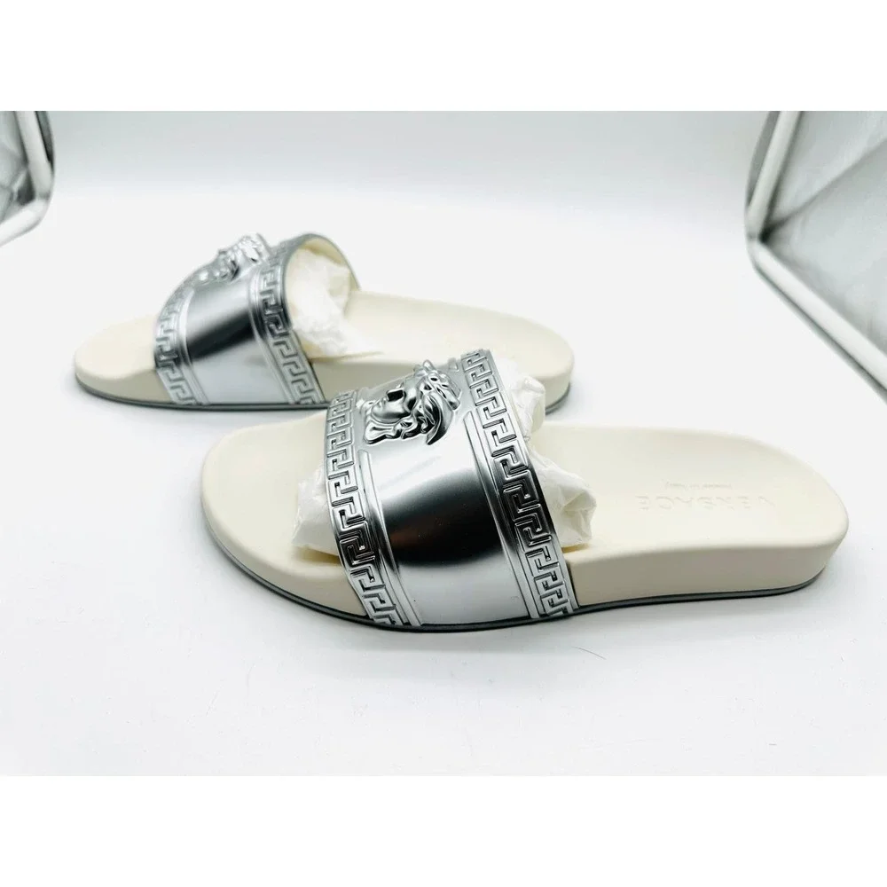 Versace Medusa Head Greek Key Slides Silver Off White Mens Sandals Sz 40 IT US 7